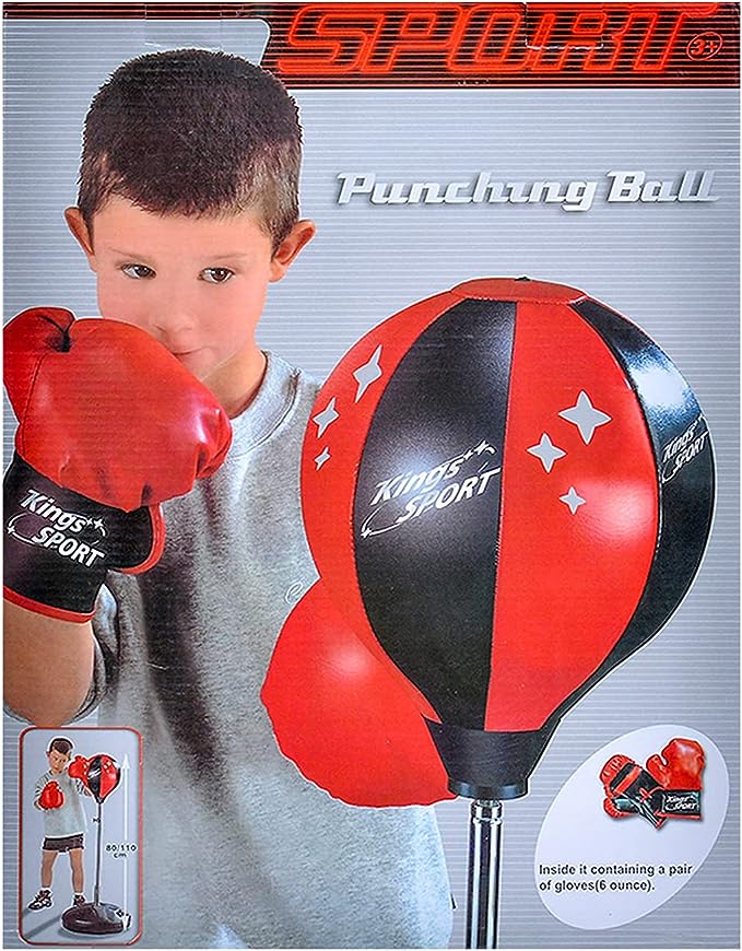 مجموعة العاب محاكاة الملاكمة كينج سبورتس مكونة من قفازين ملاكمة 6 اونصة وكرة ملاكمة مع حامل - متعددة الالوان، بلاستيك